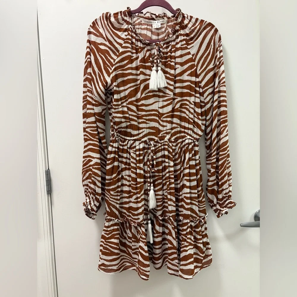 Veronica Beard Danica Tasseled Gathered Animal Print Mini Dress Size S - Picture 3 of 12